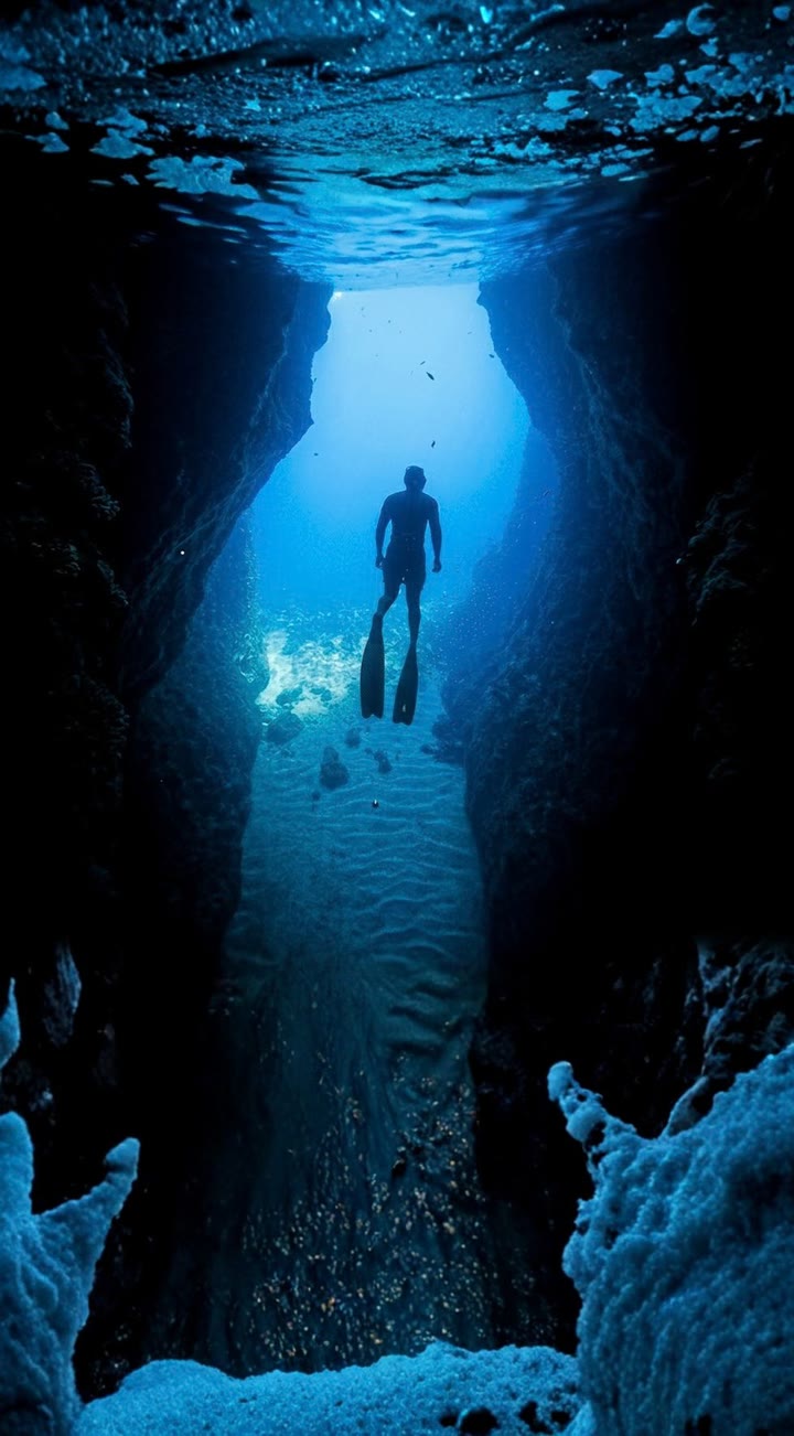 Adam freediving in a sea cave